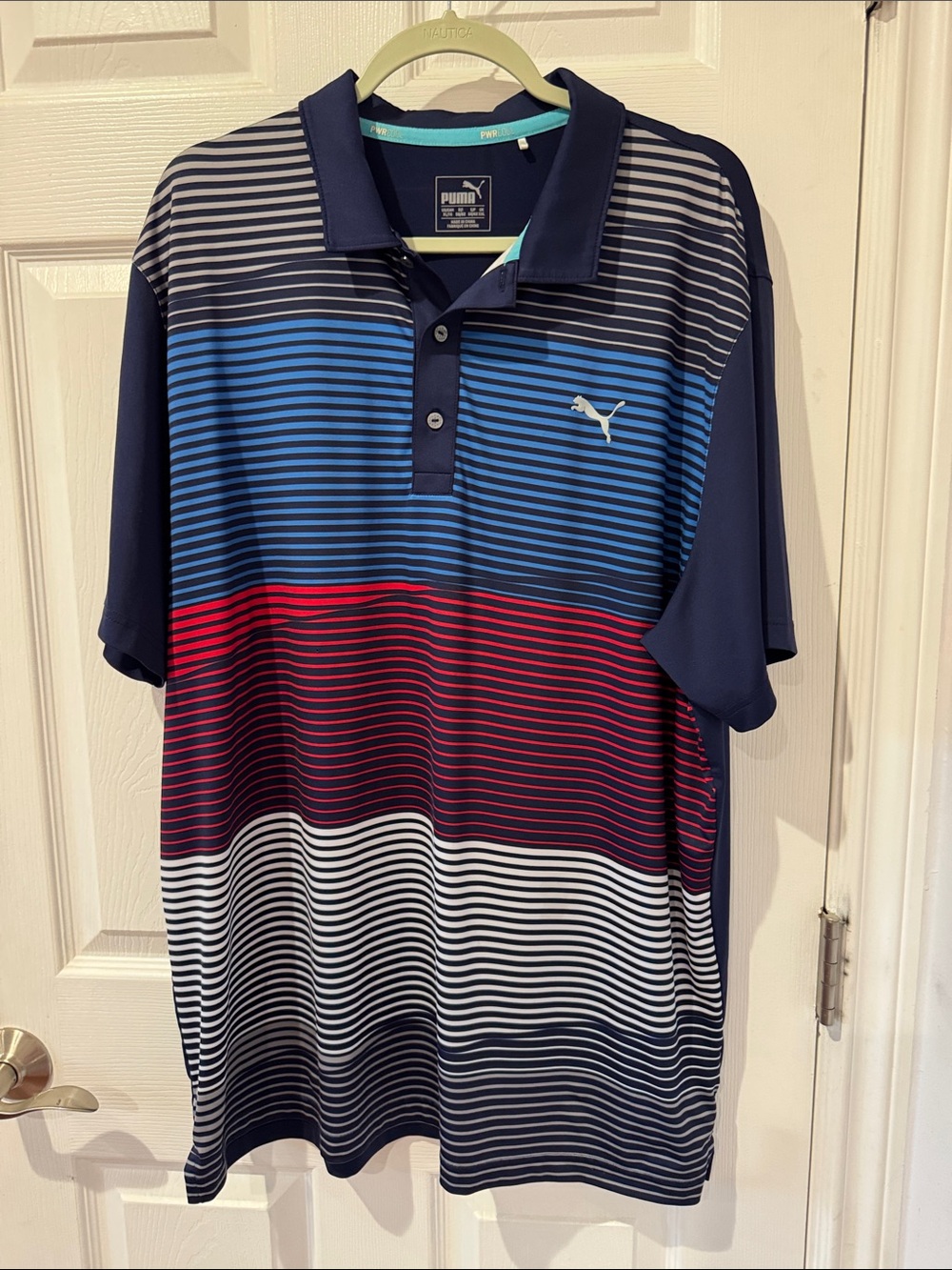 Puma Navy Polo with Blue, Red and White Stripe Panels